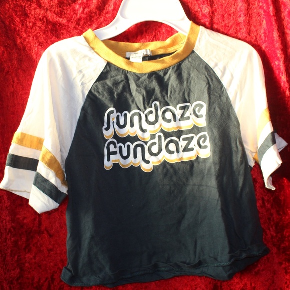 White/Dark Blueish Green Crop Top w/Yellow Stripes - Picture 1 of 8